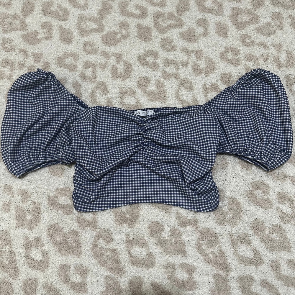Zara Gingham Crop Top Navy Blue White‎ Puff Sleeve Smocked Small